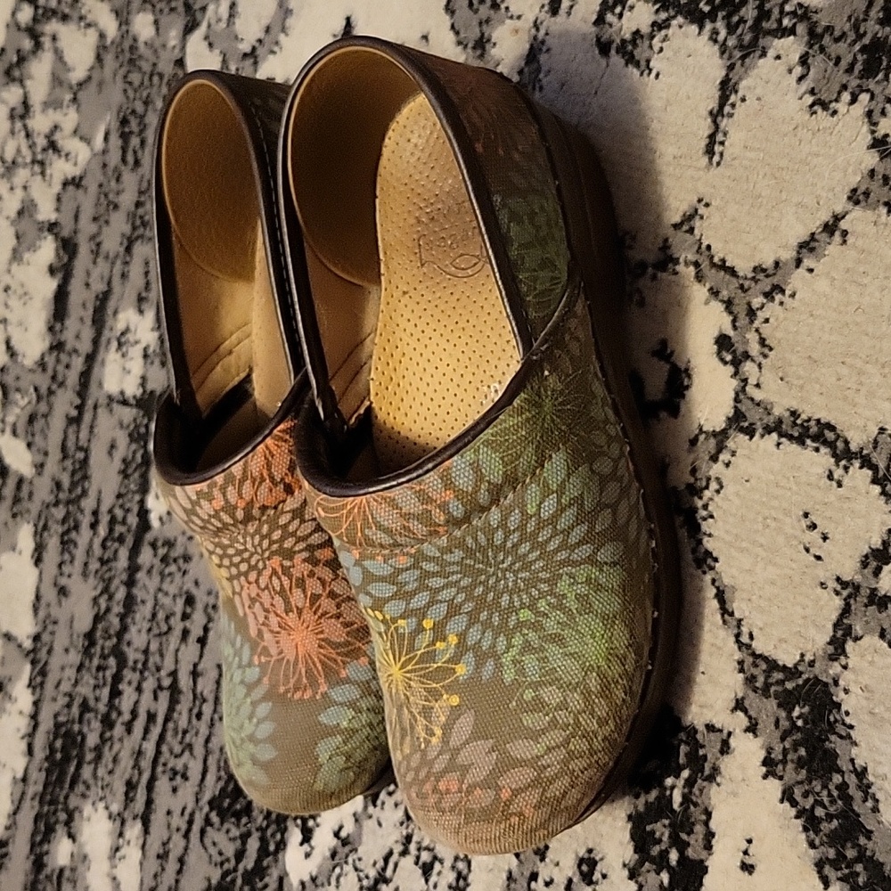 Dansko clogs- multicolor flower burst pattern, size 38